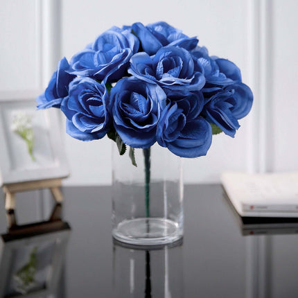 Royal Blue Artificial Velvet-Like Fabric Rose Flower Bouquet Bush