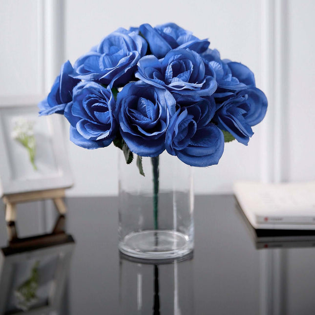 Royal Blue Artificial Velvet-Like Fabric Rose Flower Bouquet Bush