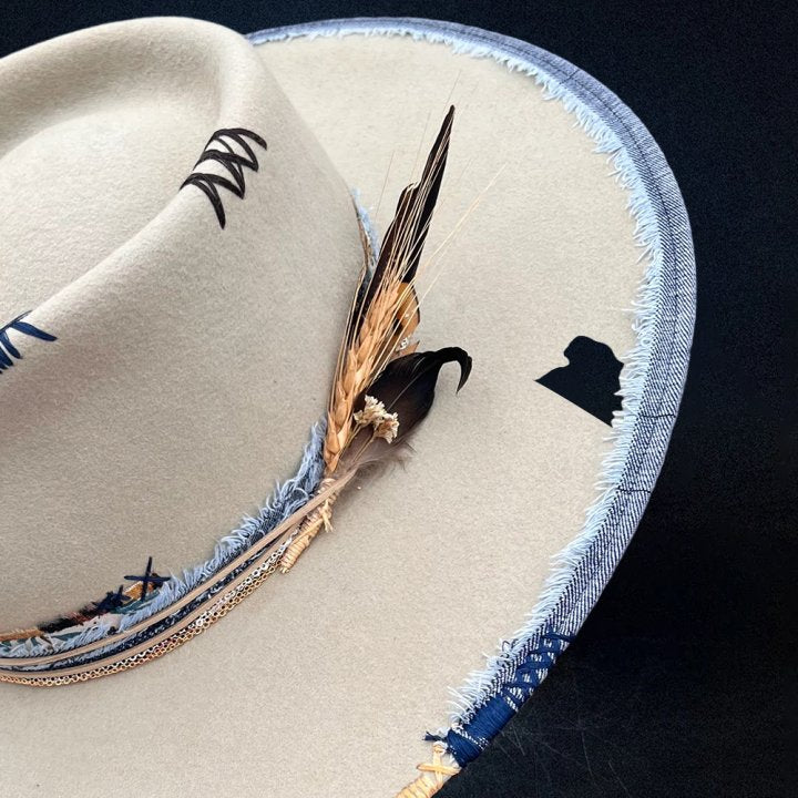 City Slicker Fedora in Beige with Feather Blue Patchwork And Band