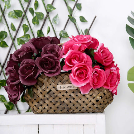 12" Burgundy Artificial Velvet-Like Fabric Rose Flower Bouquet Bush