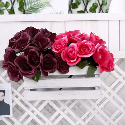 12" Burgundy Artificial Velvet-Like Fabric Rose Flower Bouquet Bush
