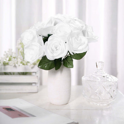 12" White Artificial Velvet-Like Fabric Rose Flower Bouquet Bush