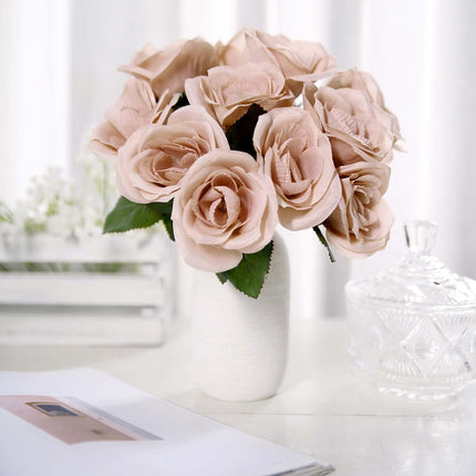12" Dusty Rose Artificial Velvet-Like Fabric Rose Flower Bouquet Bush