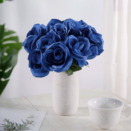 Royal Blue Artificial Velvet-Like Fabric Rose Flower Bouquet Bush