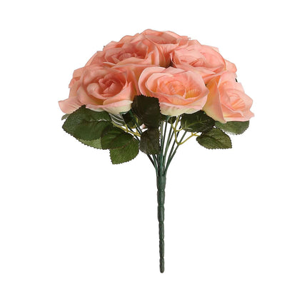 12" Peach Artificial Velvet-Like Fabric Rose Flower Bouquet Bush