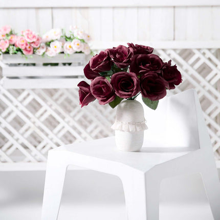 12" Burgundy Artificial Velvet-Like Fabric Rose Flower Bouquet Bush