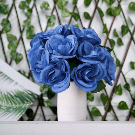 Royal Blue Artificial Velvet-Like Fabric Rose Flower Bouquet Bush