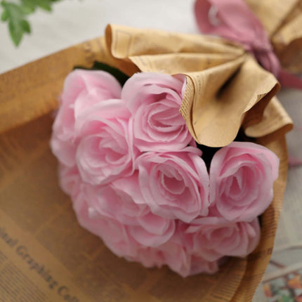 12" Pink Artificial Velvet-Like Rose Flower Bouquet