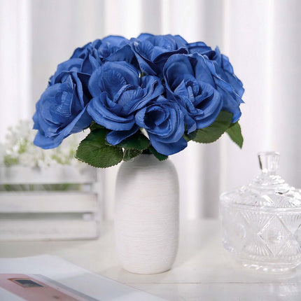 Royal Blue Artificial Velvet-Like Fabric Rose Flower Bouquet Bush