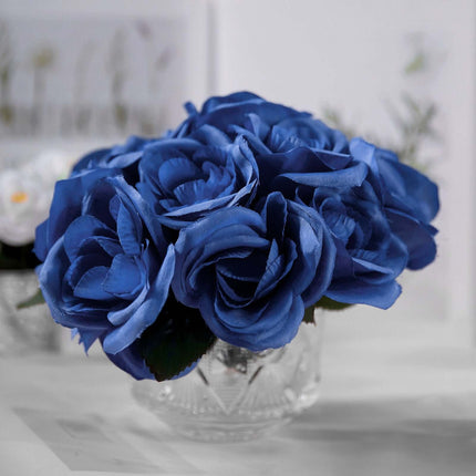 Royal Blue Artificial Velvet-Like Fabric Rose Flower Bouquet Bush